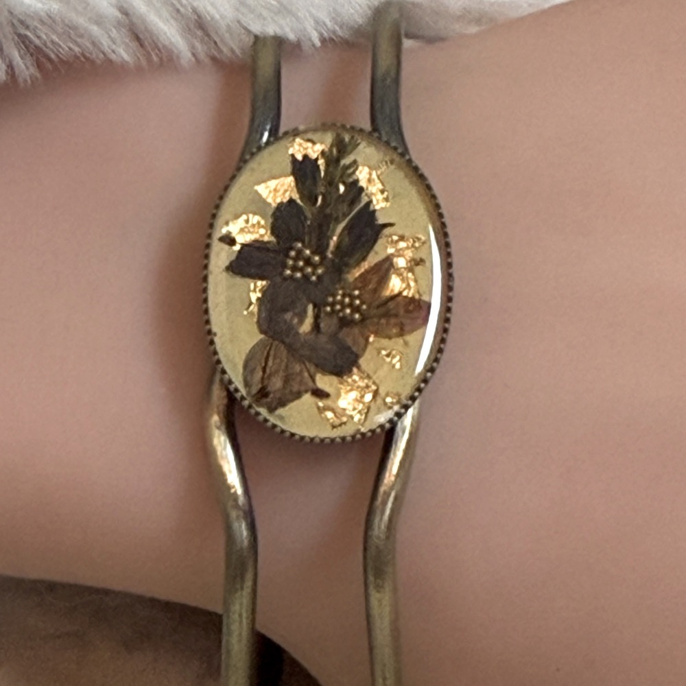 Vintage Bronze Hinged Cuff Flower Bracelet